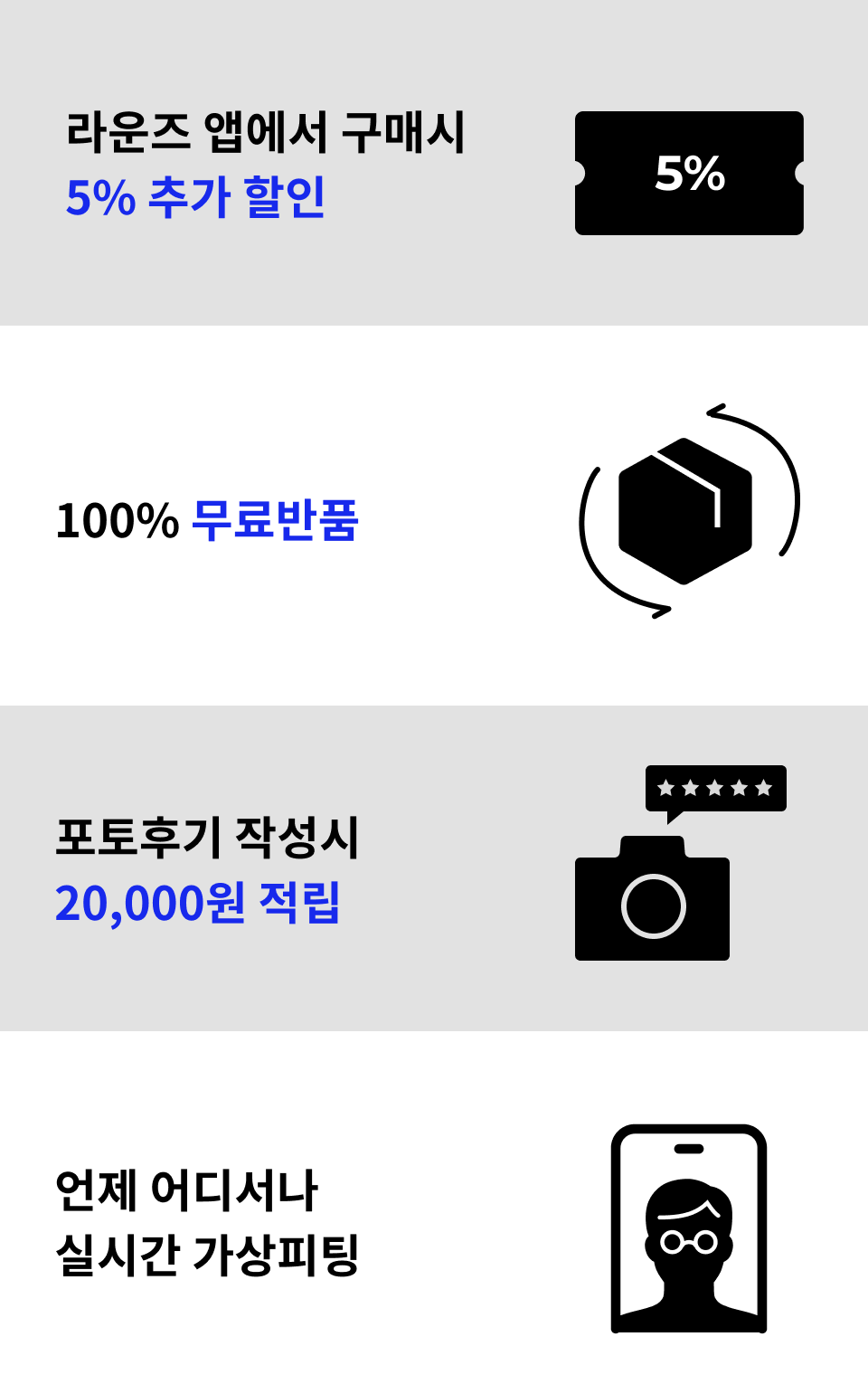 AR 가상피팅, 앱 할인 5%, 100% 무료반품, 사진후기 2만원